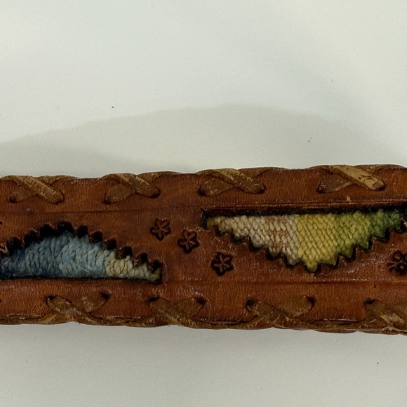 Vintage Leather Belt Made In Mexico Size 38 Woven Die‎ Cut Navajo Aztec Inlay main image 6